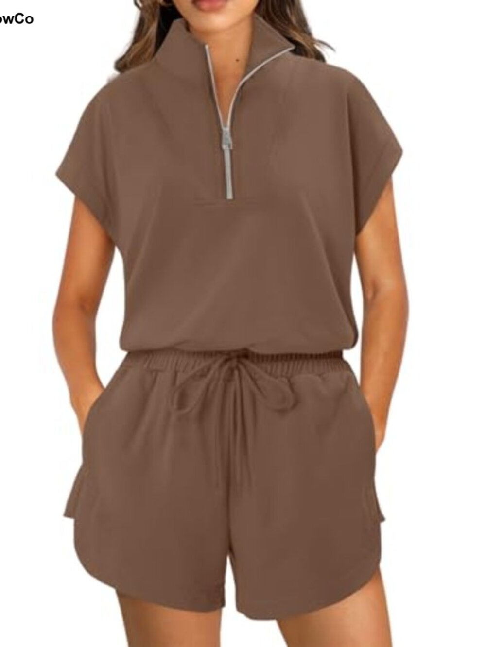 Womens 2 Piece Sweatsuit Set Half Zip V Neck Short Sleeve Tops Shorts Lounge